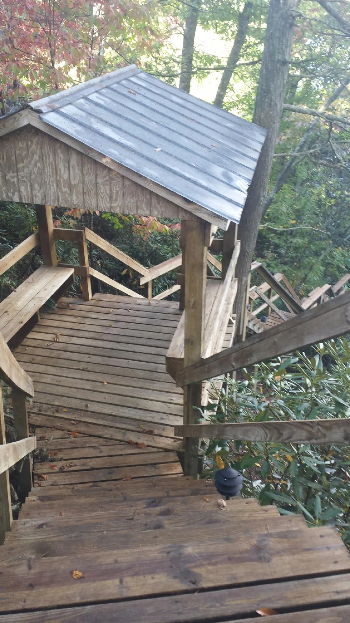 Metal roofed shelter over wooden steps on a wooded walkway — Skylight Repair & Installation work by our crew in Silver Lake